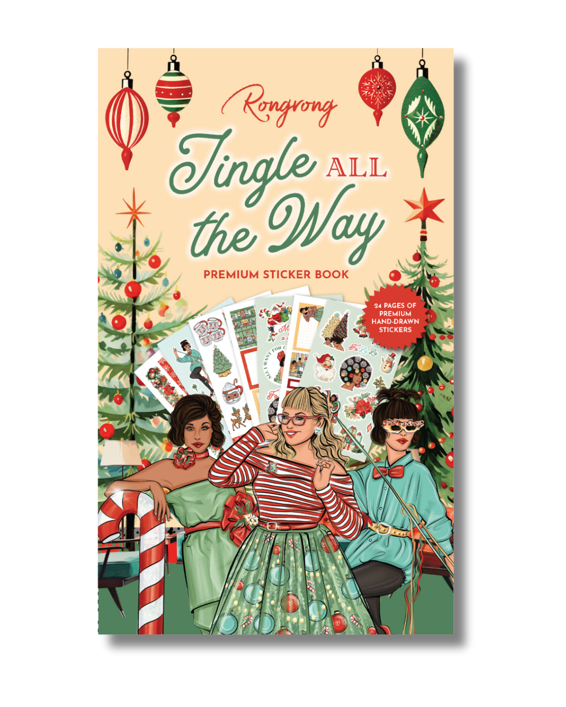Christmas planner sticker book cover featuring festive illustrations of ornaments, snowflakes, and Christmas trees.