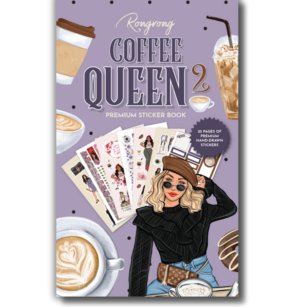 Coffee Queen #2 Sticker Book cover featuring stylish illustrations of coffee cups, beans, and chic designs.