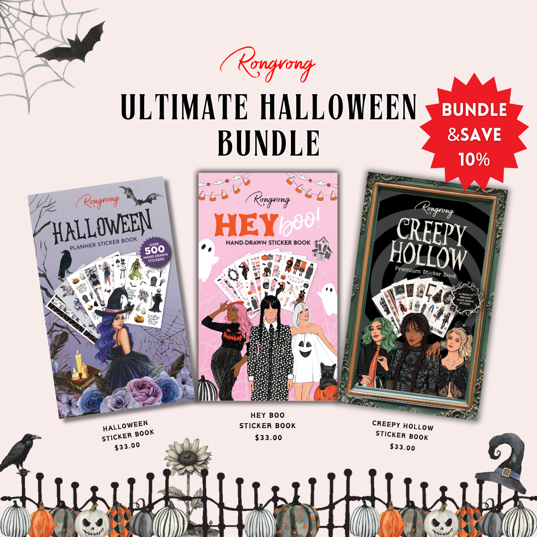 Sticker bundle cover featuring spooky Halloween designs, including pumpkins, ghosts, and festive lettering in vibrant colors.