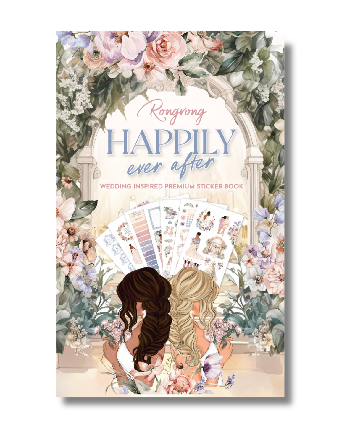 Sticker book cover featuring elegant wedding-themed illustrations in soft pastels, including flowers and rings.
