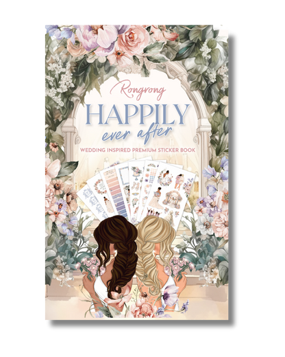 Sticker book cover featuring elegant wedding-themed illustrations in soft pastels, including flowers and rings.