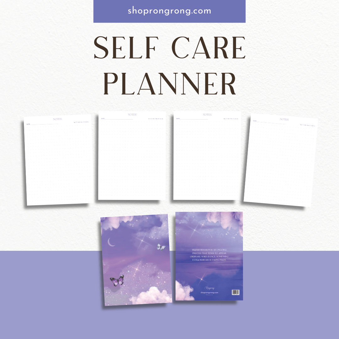 Self Care Planner with blank pages and purple cover.