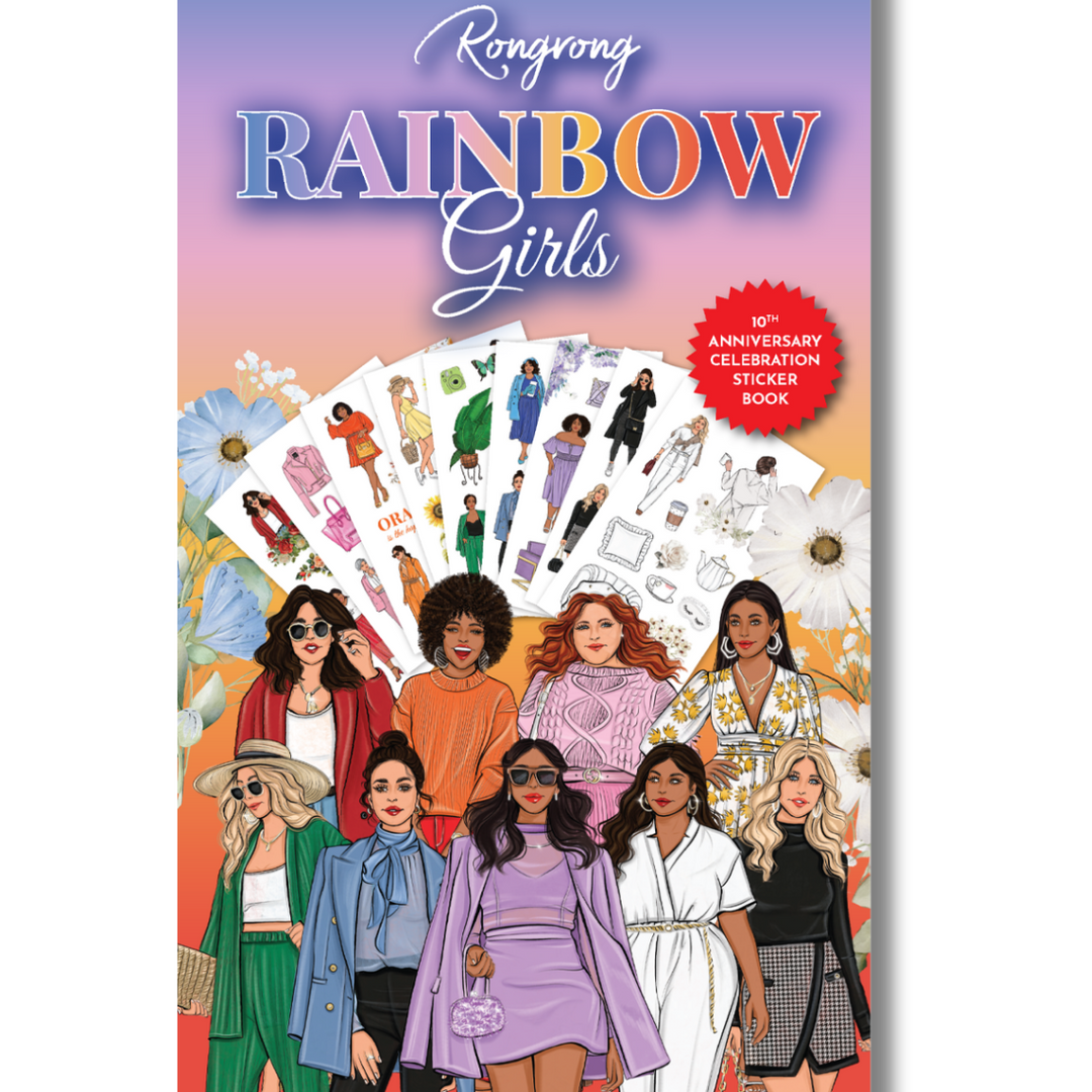 Sticker book cover featuring vibrant, hand-drawn illustrations of diverse girls in colorful outfits and rainbow accents.