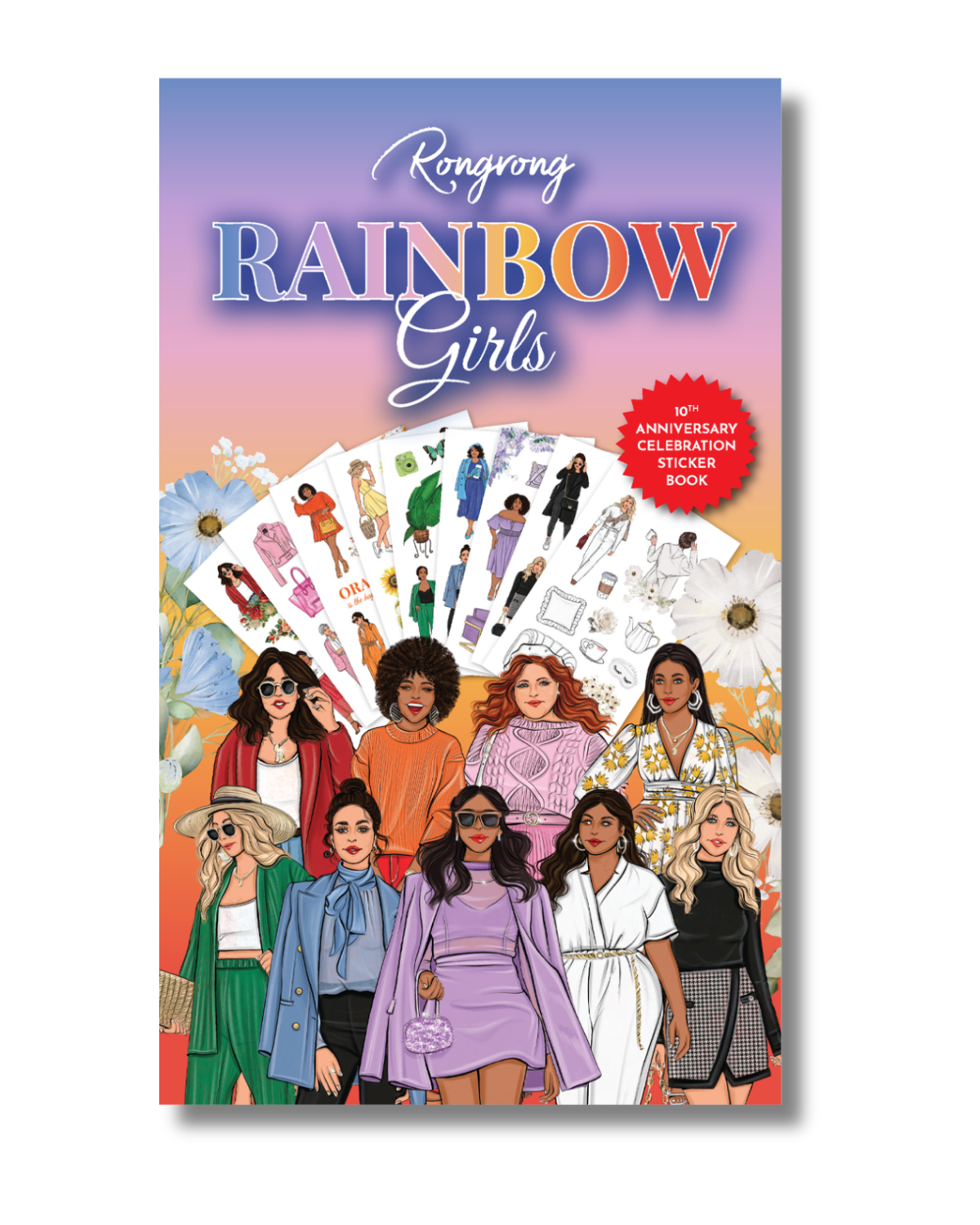Sticker book cover featuring vibrant, hand-drawn illustrations of diverse girls in colorful outfits and rainbow accents.