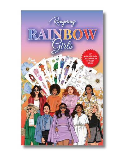 Sticker book cover featuring vibrant, hand-drawn illustrations of diverse girls in colorful outfits and rainbow accents.
