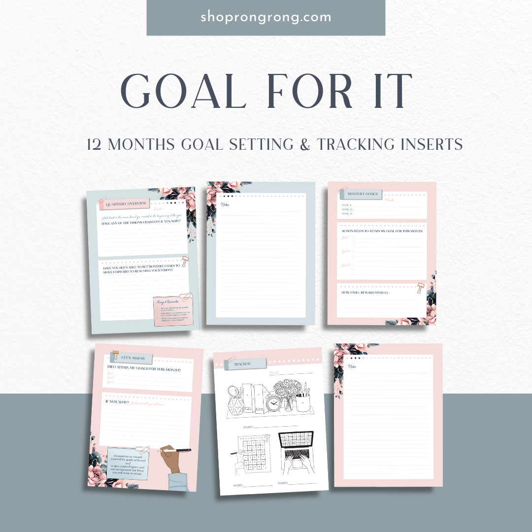 12-month goal planner with checklists and notes