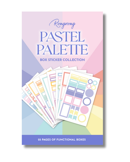 Sticker book cover featuring soft pastel colors and elegant designs with decorative boxes and floral accents.