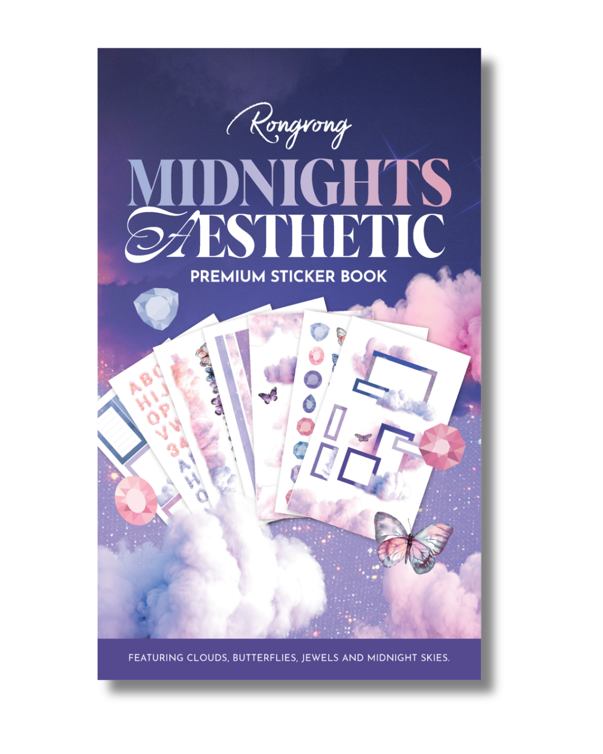 Sticker book cover featuring dreamy, night-themed illustrations with soft colors and whimsical designs.