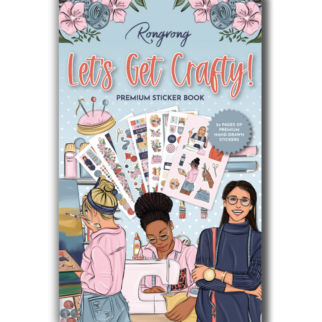 Sticker book cover featuring colorful crafting tools like scissors, paintbrushes, and vibrant craft supplies.