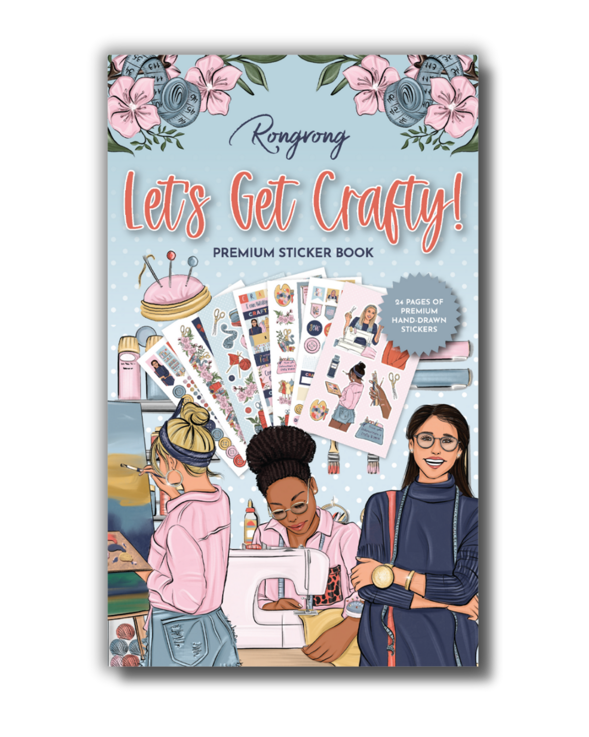 Sticker book cover featuring colorful crafting tools like scissors, paintbrushes, and vibrant craft supplies.