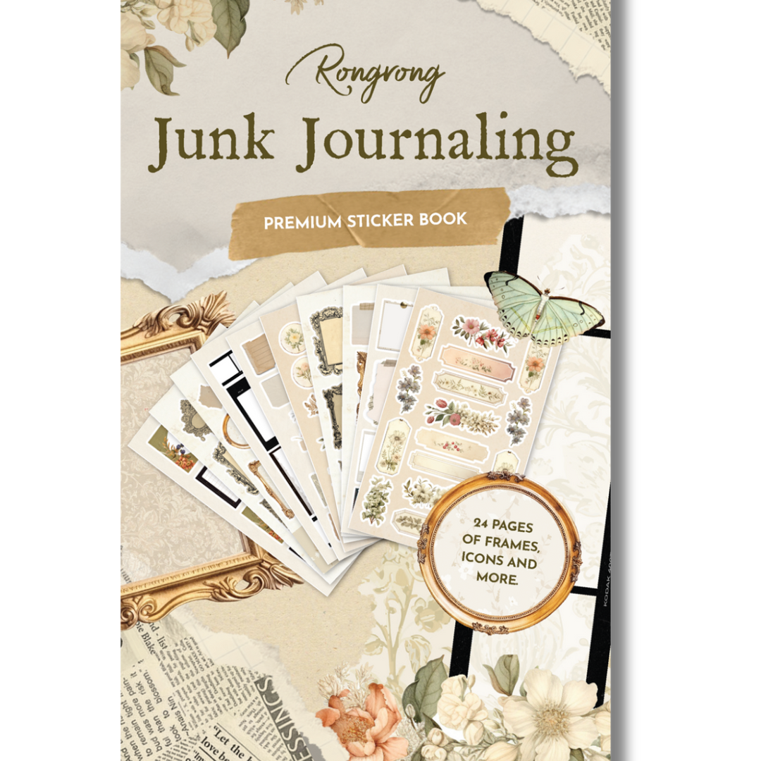 Junk Journal Sticker Book cover featuring vintage-inspired designs and earthy colors with whimsical illustrations.