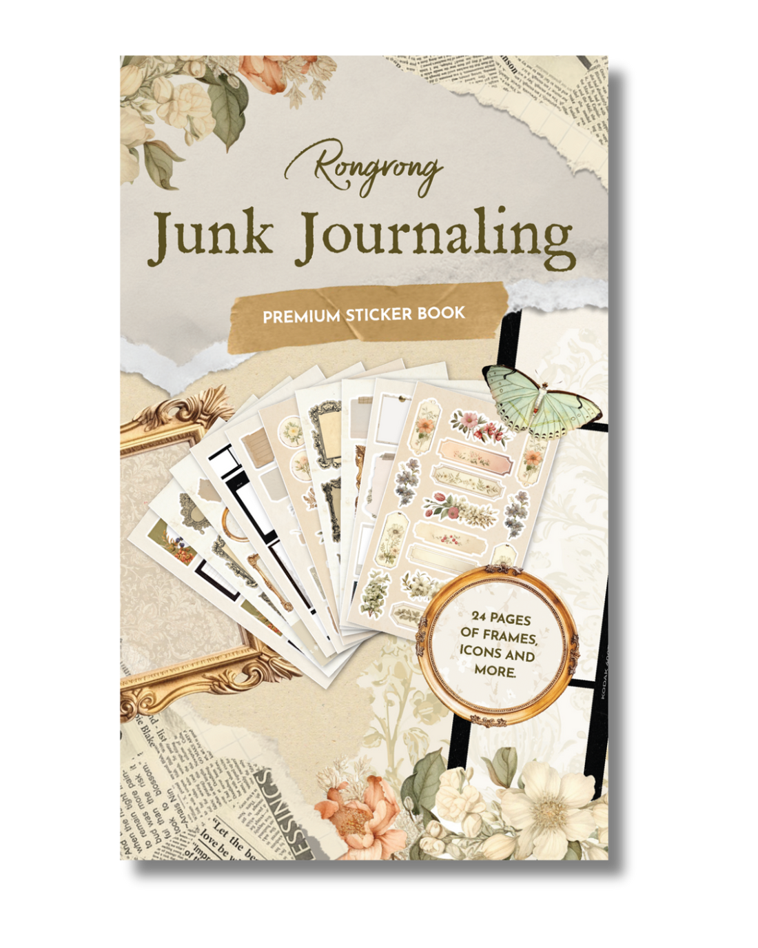 Junk Journal Sticker Book cover featuring vintage-inspired designs and earthy colors with whimsical illustrations.
