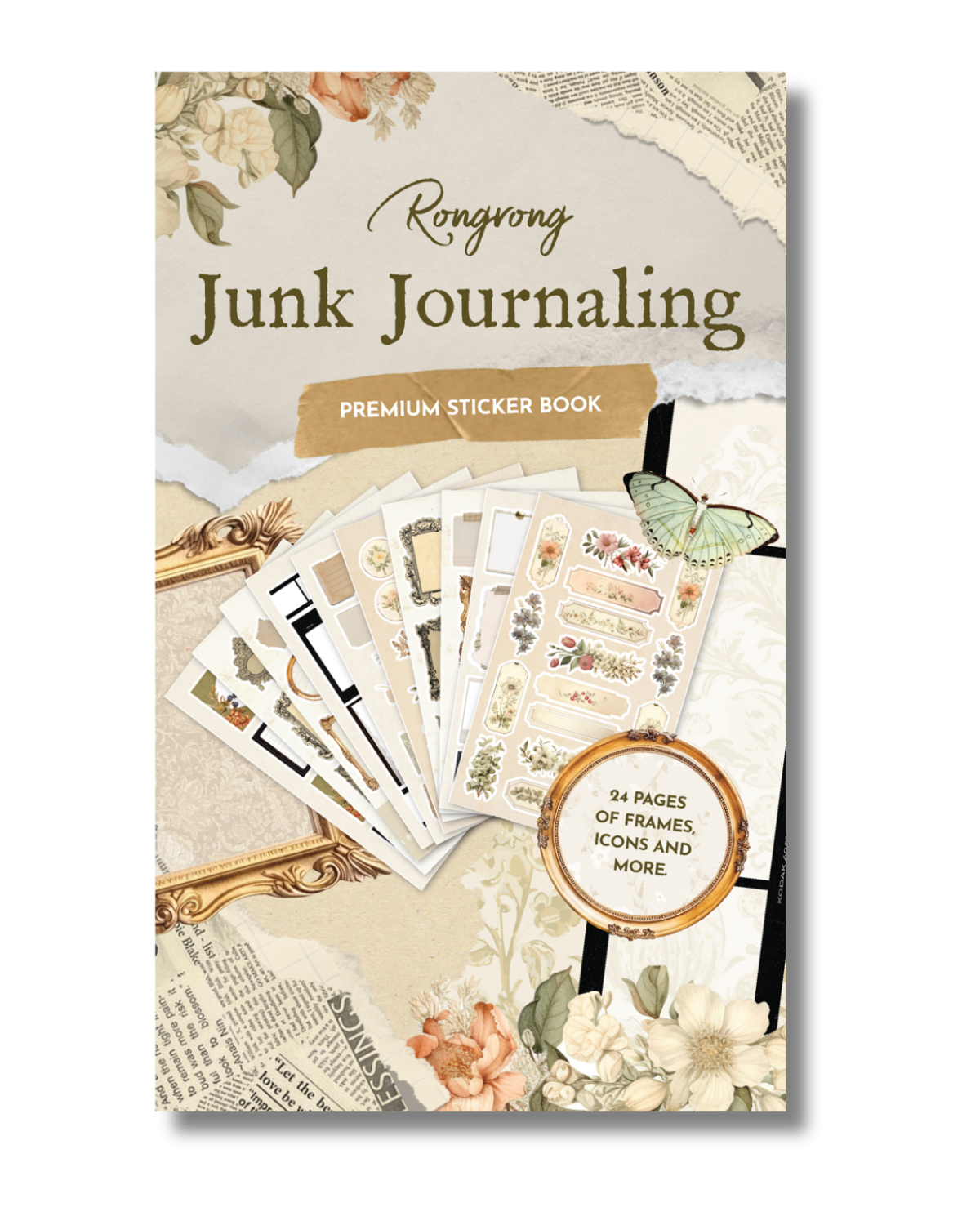 Junk Journal Sticker Book cover featuring vintage-inspired designs and earthy colors with whimsical illustrations.