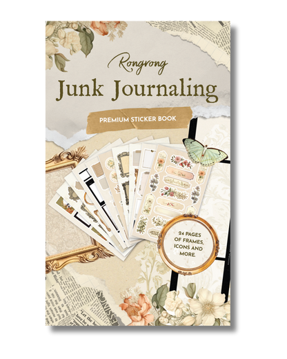 Junk Journal Sticker Book cover featuring vintage-inspired designs and earthy colors with whimsical illustrations.