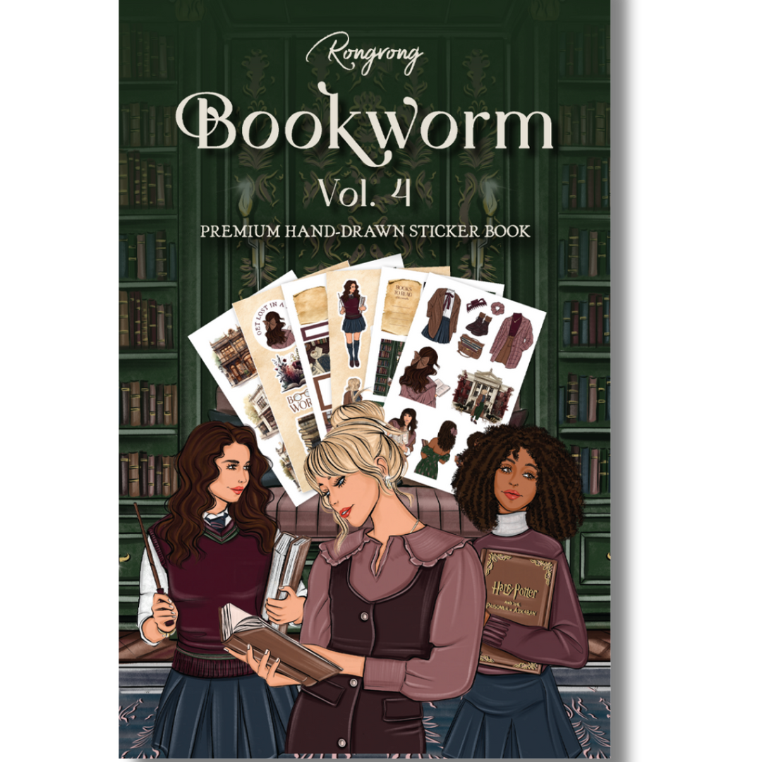 Sticker book cover featuring whimsical illustrations of books, reading glasses, and cozy library scenes in warm colors.