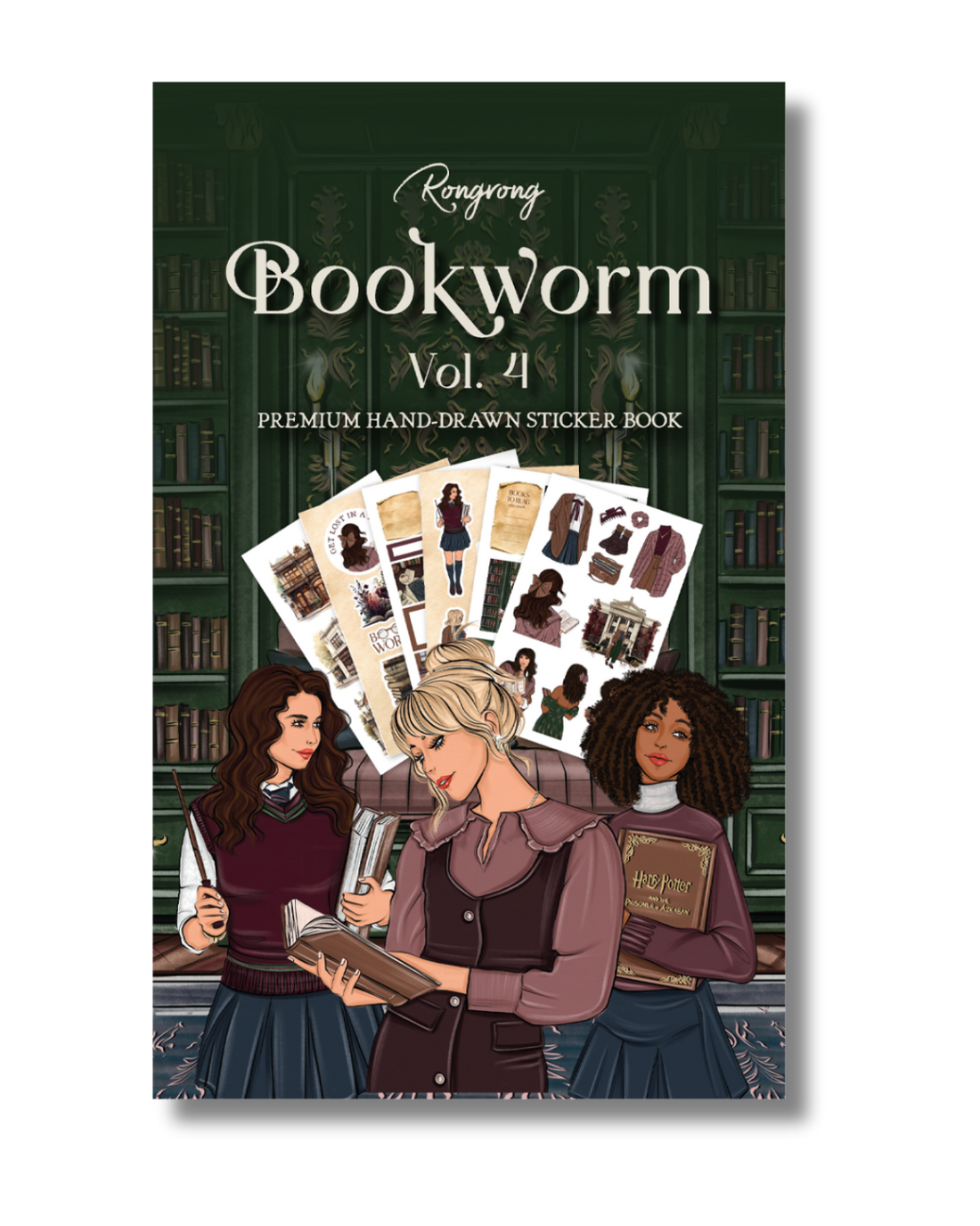 Sticker book cover featuring whimsical illustrations of books, reading glasses, and cozy library scenes in warm colors.