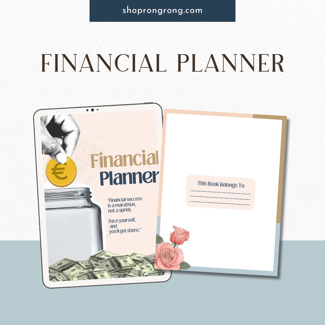 Printable financial planner pages on desk with coffee cup

