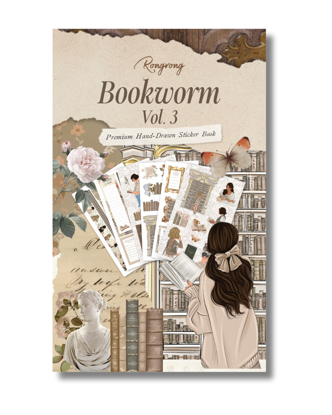 Sticker book cover featuring whimsical illustrations of books, cozy reading nooks, and charming characters in soft pastel colors.