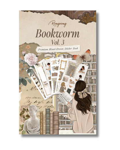 Sticker book cover featuring whimsical illustrations of books, cozy reading nooks, and charming characters in soft pastel colors.