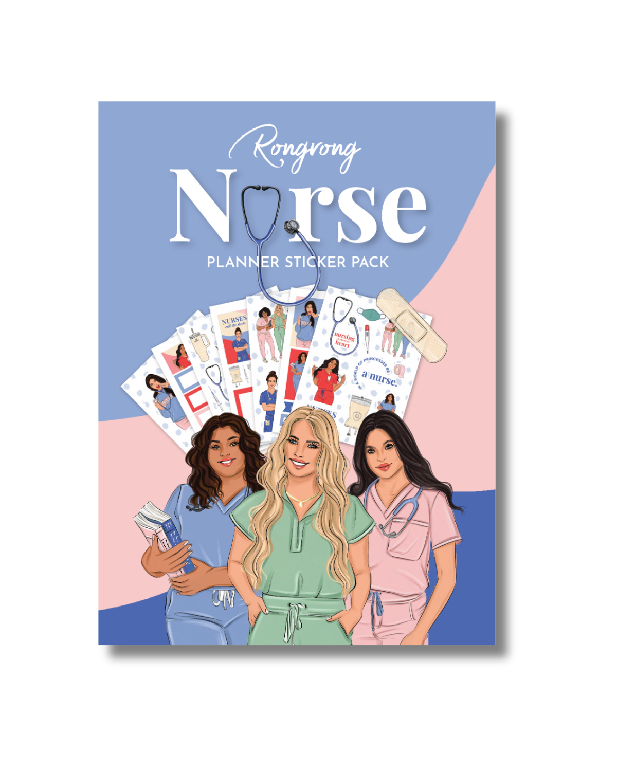 Sticker pack cover featuring vibrant nurse-themed illustrations, including stethoscopes, hearts, and medical icons.