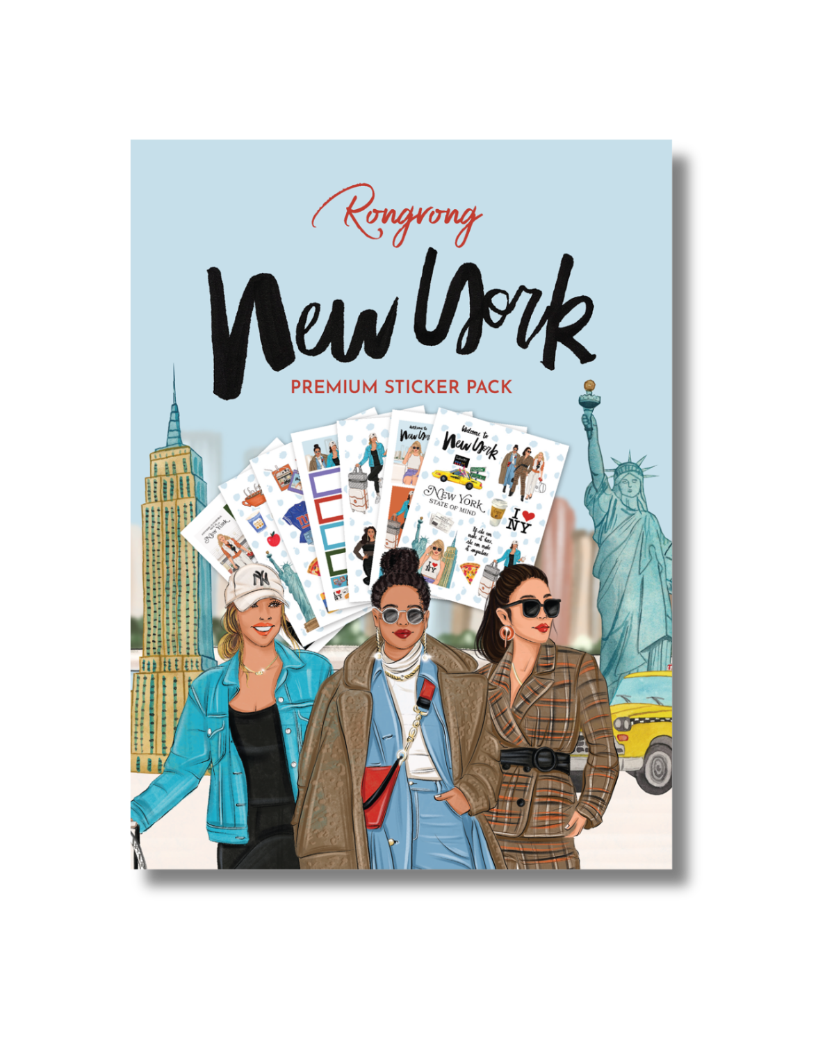 Sticker pack cover featuring iconic New York City landmarks and vibrant designs in a chic urban style.
