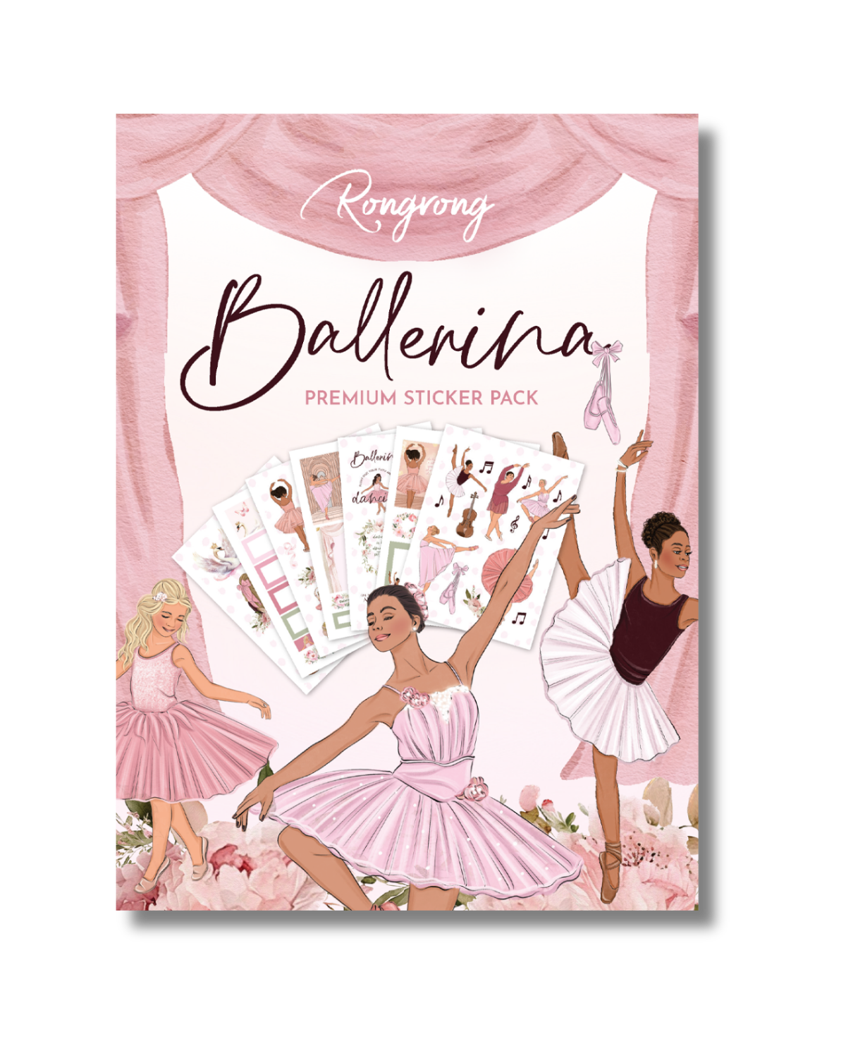 Sticker pack cover featuring a graceful ballerina in a pink tutu, surrounded by elegant dance-themed designs.