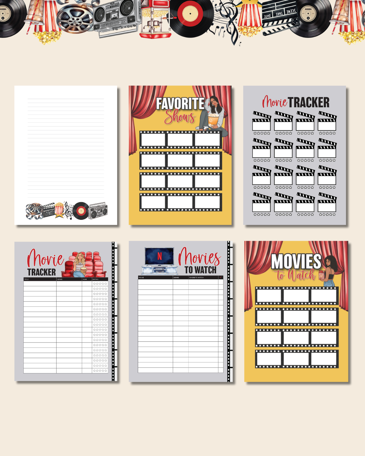 Inside pages of Music &amp; Movies Edition Journal featuring themed prompts and decorations