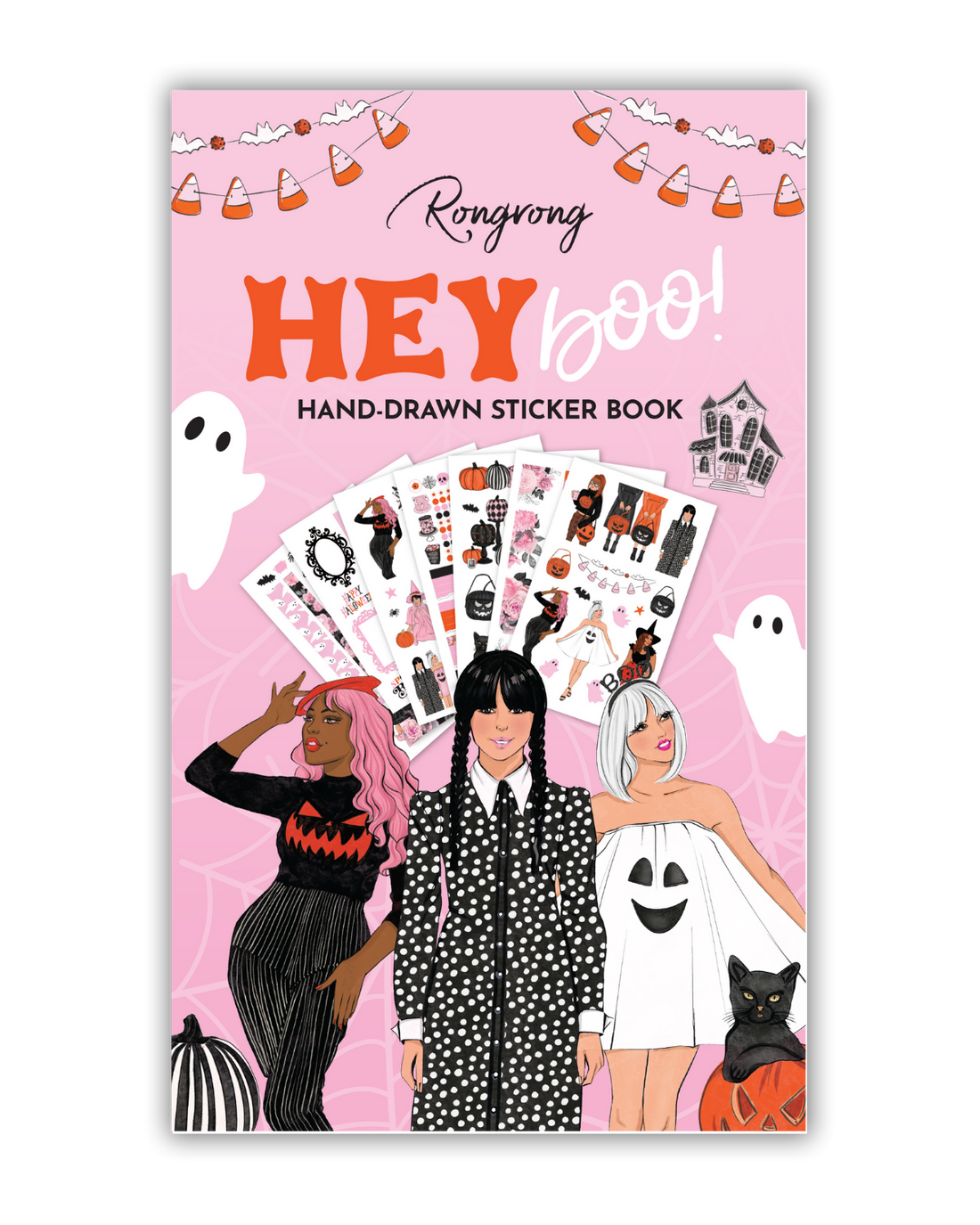 Sticker book cover featuring playful Halloween designs with cute ghosts, pumpkins, and vibrant colors.