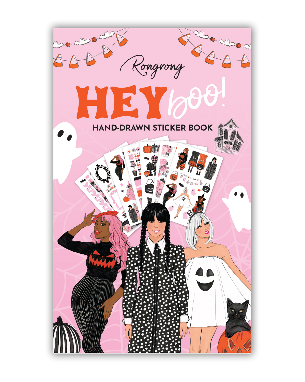 Sticker book cover featuring playful Halloween designs with cute ghosts, pumpkins, and vibrant colors.