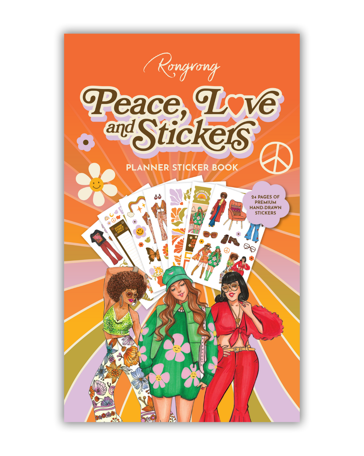 Sticker book cover featuring vibrant designs with peace symbols and love icons in bright, uplifting colors.