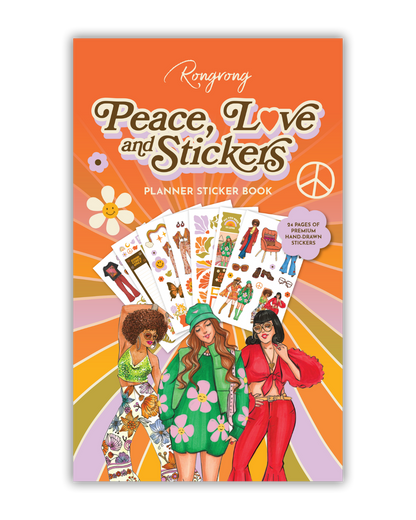 Sticker book cover featuring vibrant designs with peace symbols and love icons in bright, uplifting colors.