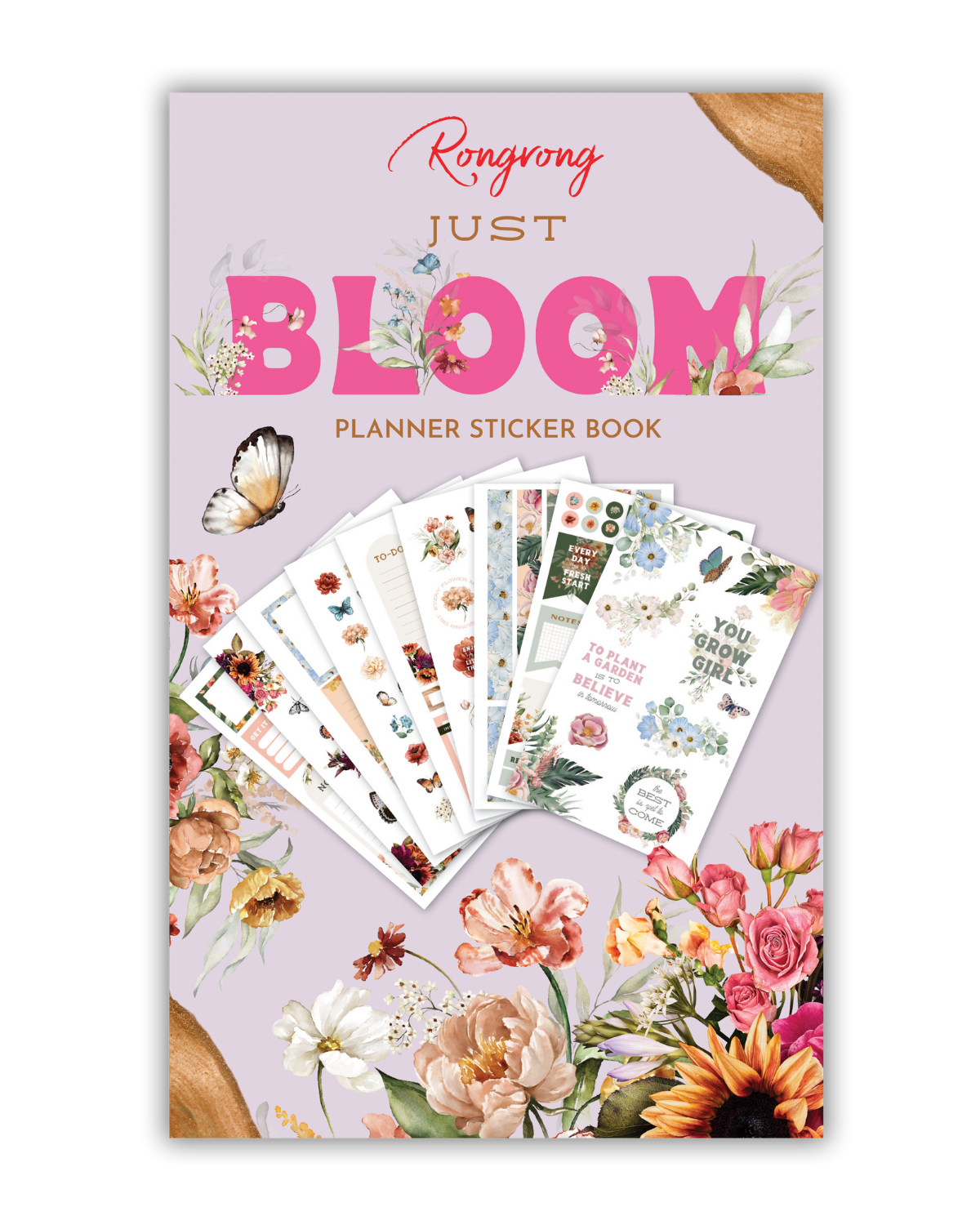 Sticker book cover featuring beautiful floral designs in soft pastels, with elegant lettering and botanical elements.