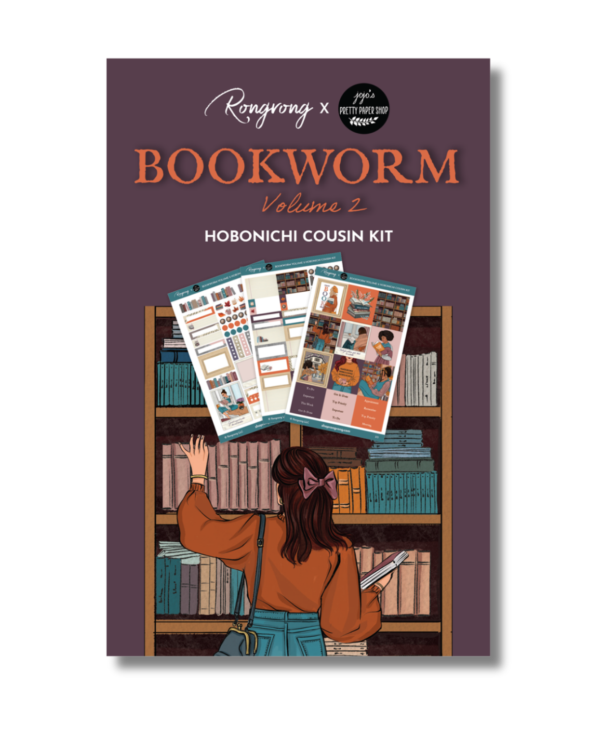 Sticker book cover featuring whimsical book-themed designs, including colorful books and cozy reading elements.