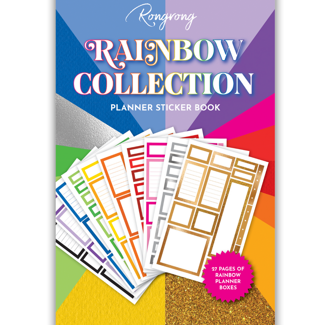 Sticker book cover featuring a vibrant rainbow design with colorful patterns and cheerful lettering.
