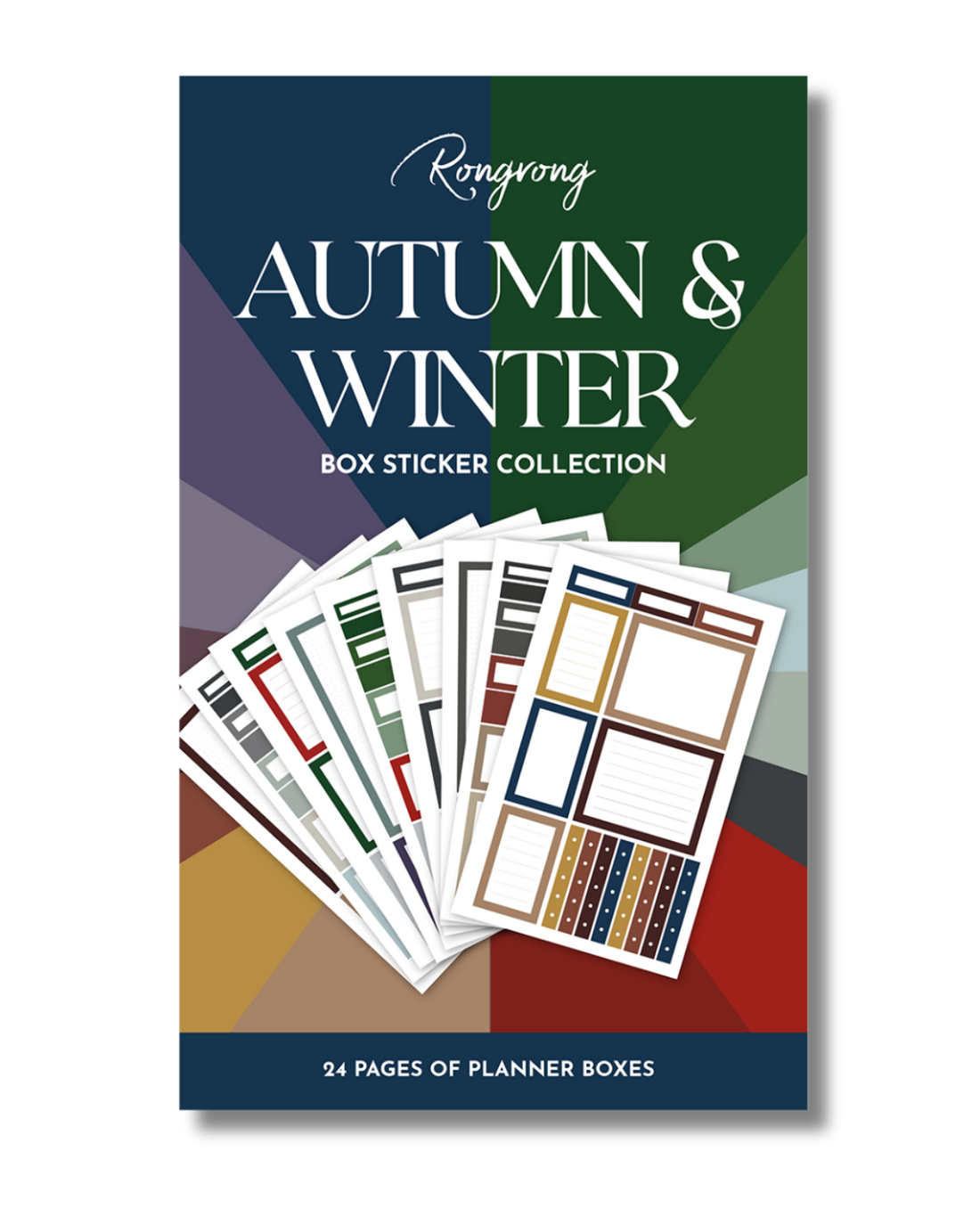 Sticker book cover featuring cozy fall and winter designs with warm colors, pumpkins, snowflakes, and seasonal motifs.