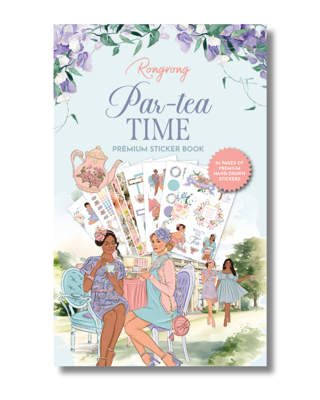 Sticker book cover showcasing whimsical tea party illustrations with pastel colors and gold accents.