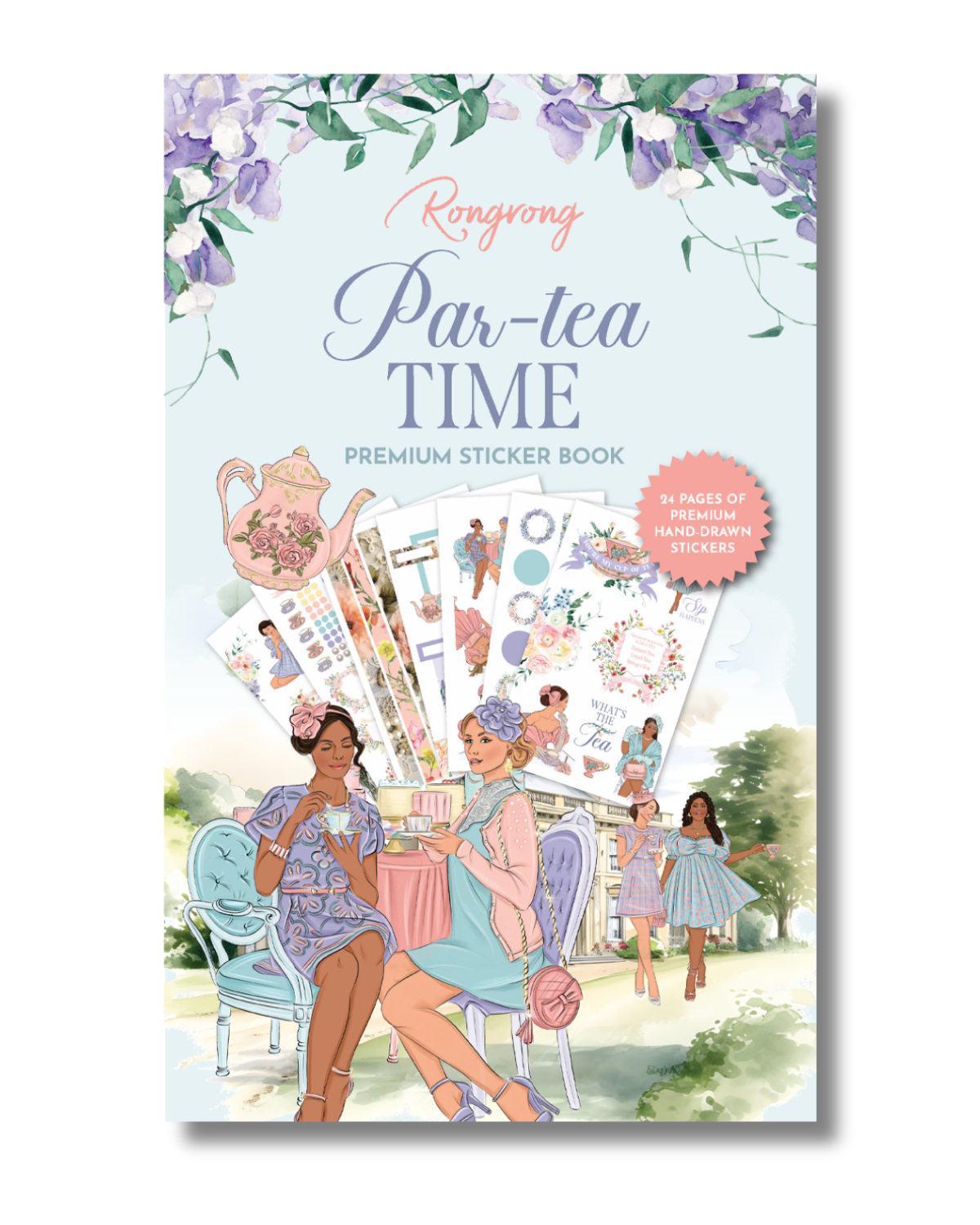 Sticker book cover showcasing whimsical tea party illustrations with pastel colors and gold accents.