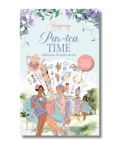 Sticker book cover showcasing whimsical tea party illustrations with pastel colors and gold accents.