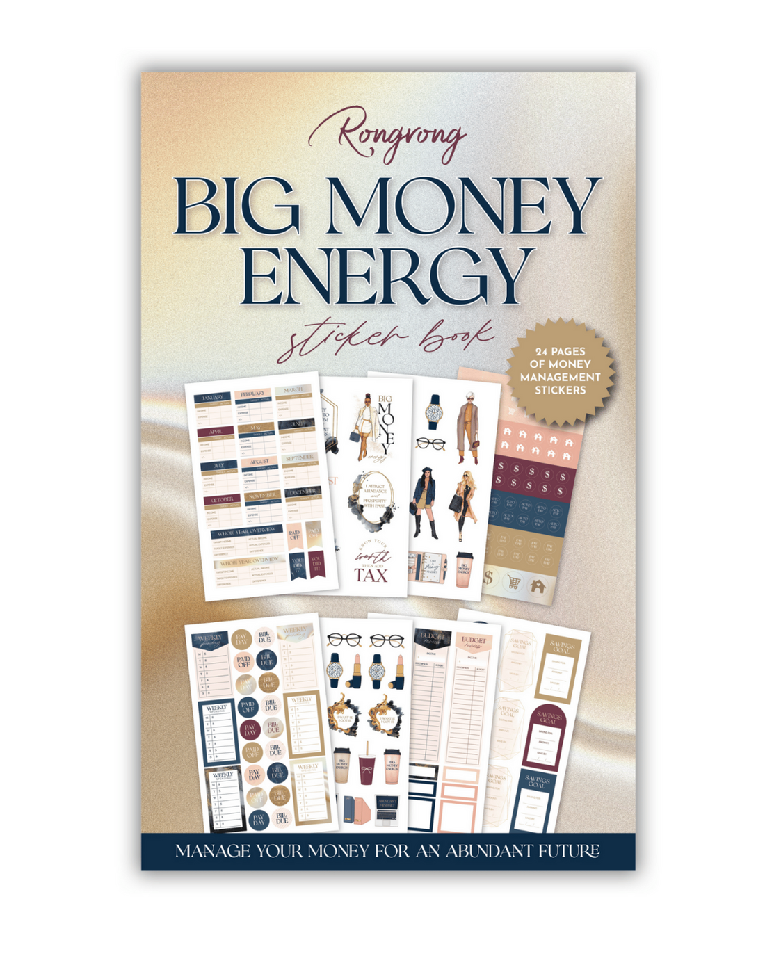 Sticker book cover featuring bold designs with motivational quotes and vibrant colors for financial empowerment.