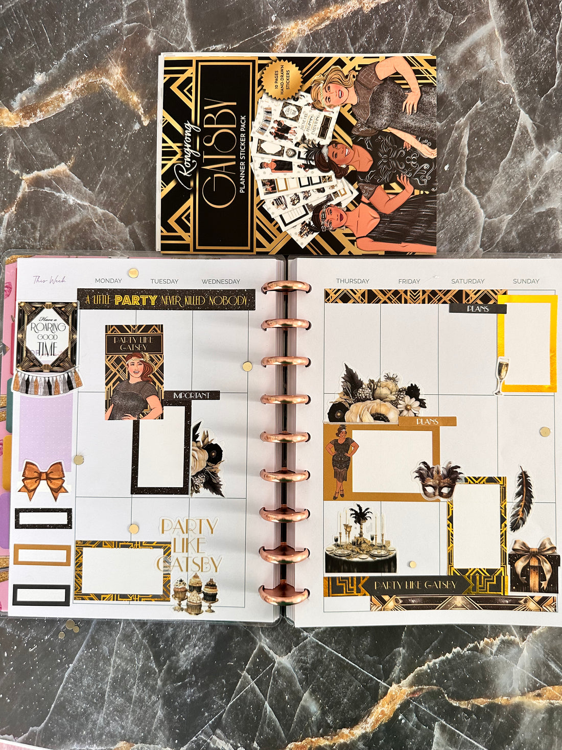 Stickers with ornate patterns and decorative elements in gold foil, perfect for adding flair to planners.