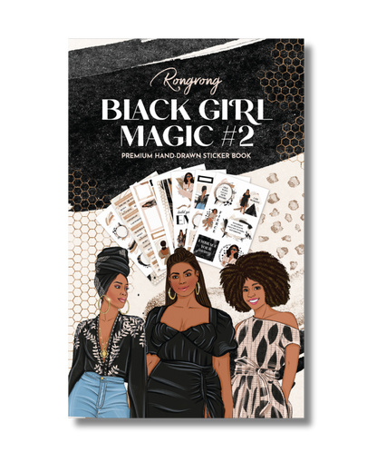 Sticker book cover featuring vibrant illustrations celebrating Black girl empowerment, with colorful designs and bold lettering.