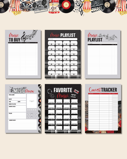 Journal layout from My Favorite Things collection with movie reels and music notes