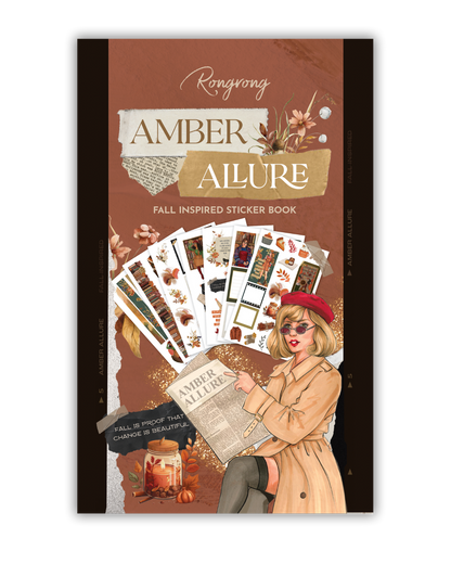 Sticker book cover featuring elegant designs in warm amber tones, showcasing floral patterns and stylish lettering.