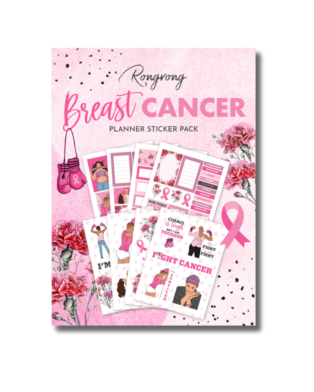 Sticker pack cover featuring a pink ribbon design alongside empowering phrases and floral accents in soft pink tones.