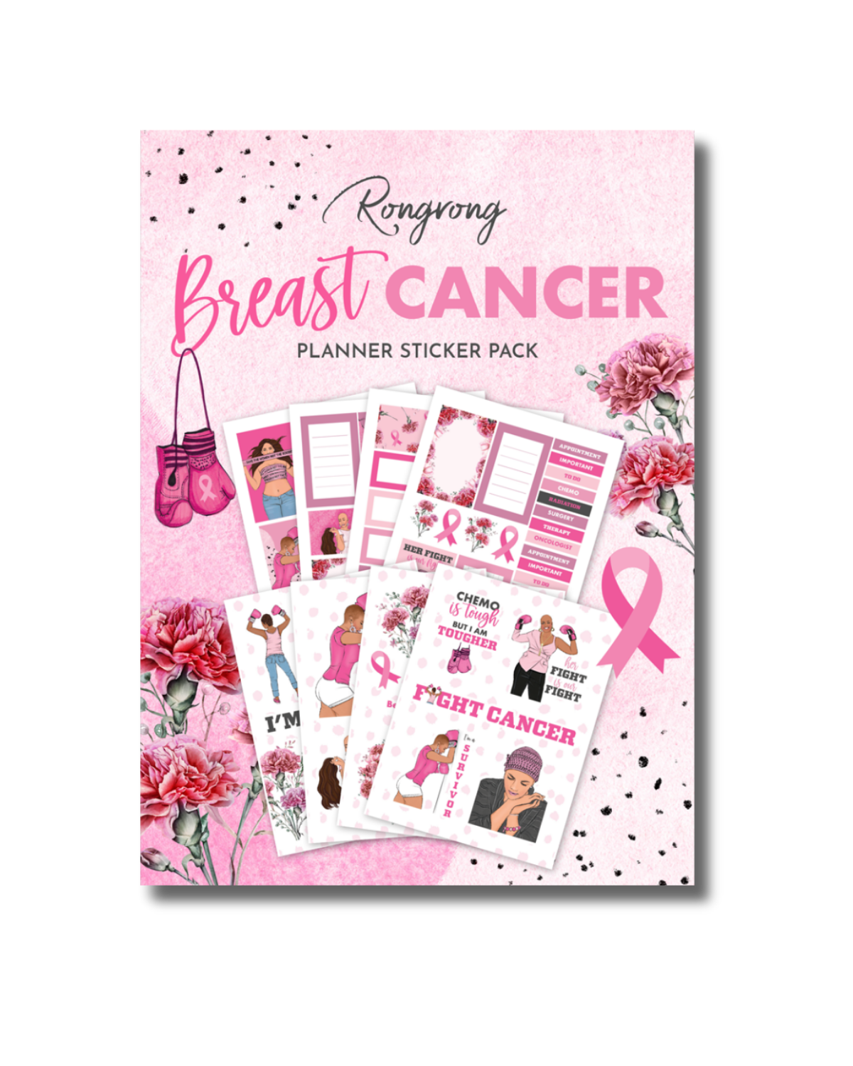 Sticker pack cover featuring a pink ribbon design alongside empowering phrases and floral accents in soft pink tones.