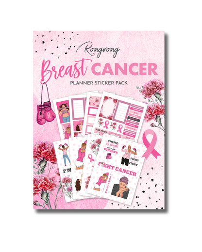 Sticker pack cover featuring a pink ribbon design alongside empowering phrases and floral accents in soft pink tones.