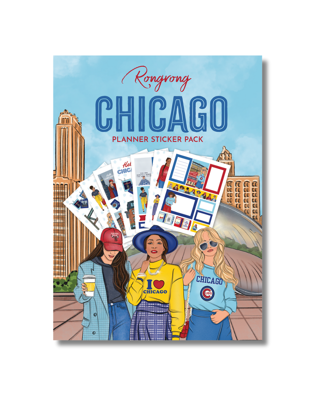 Sticker pack cover featuring vibrant illustrations of Chicago landmarks and skyline in bold colors.