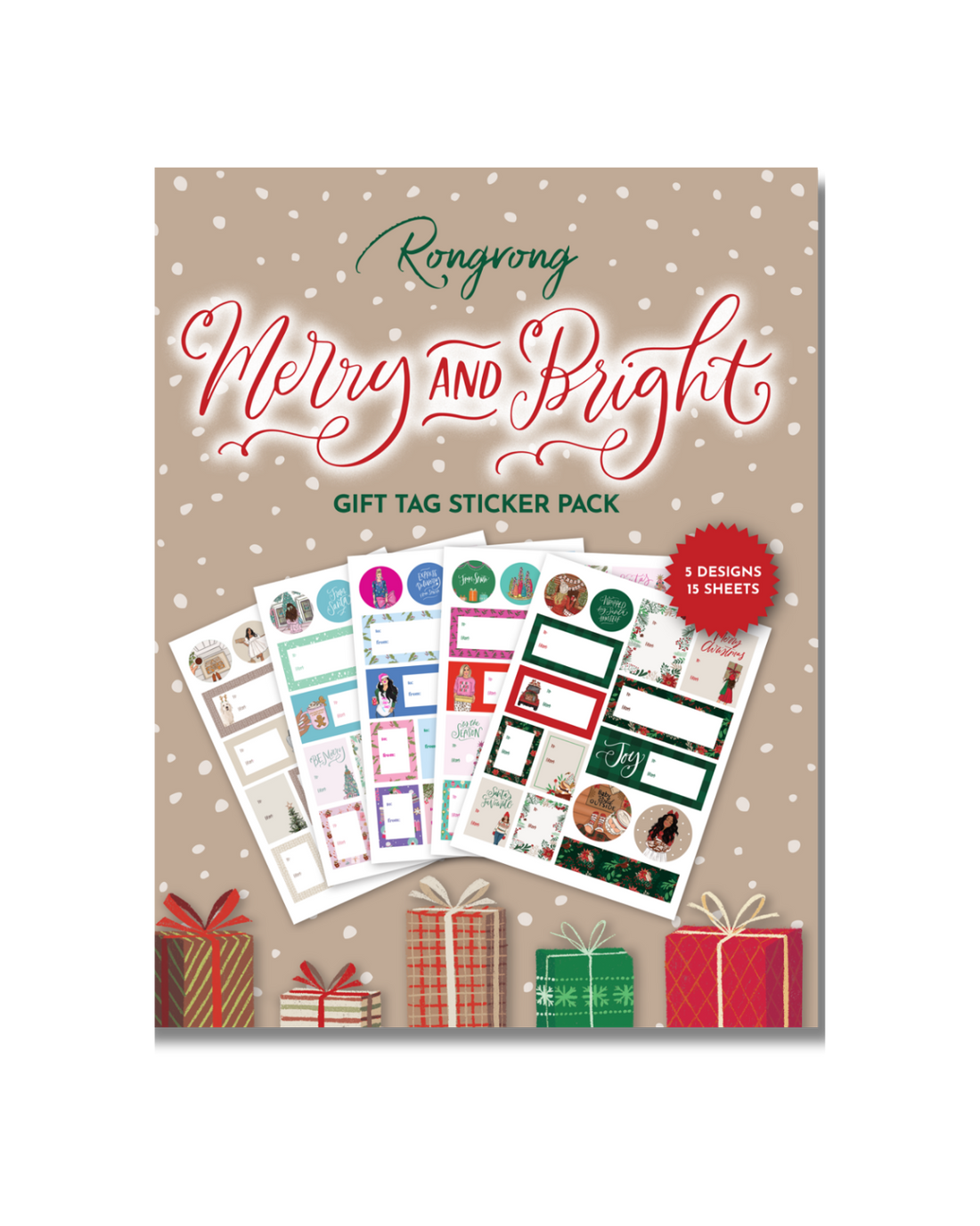 Sticker pack cover featuring festive designs with colorful Christmas gift tags, ornaments, and holiday motifs.
