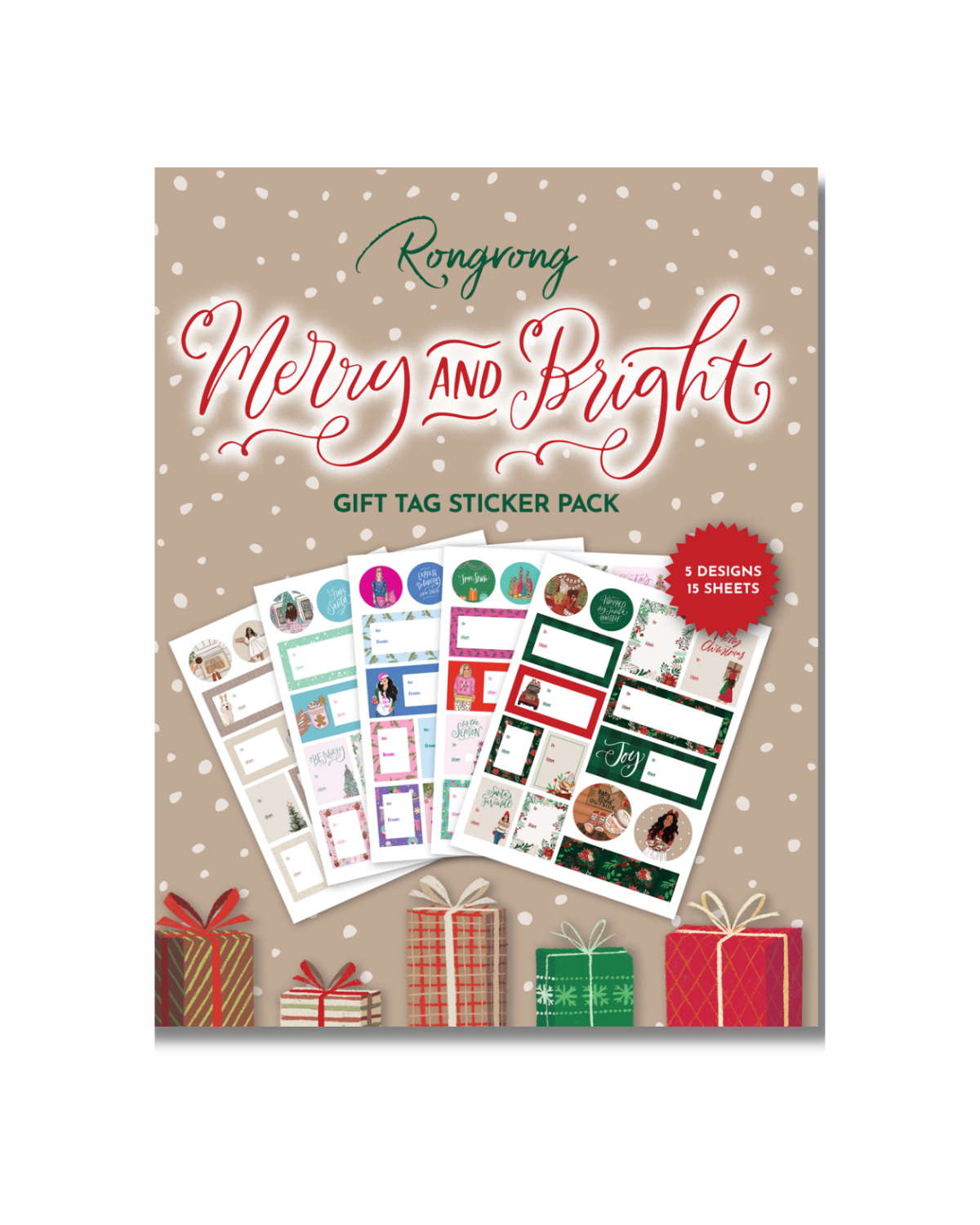 Sticker pack cover featuring festive designs with colorful Christmas gift tags, ornaments, and holiday motifs.