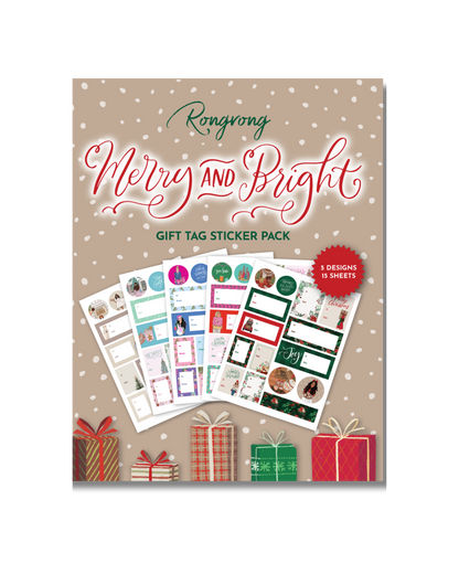 Sticker pack cover featuring festive designs with colorful Christmas gift tags, ornaments, and holiday motifs.